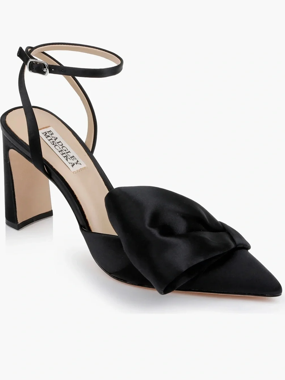 Badgley Mischka Black Satin Knotted Front Ankle-Strap Heels